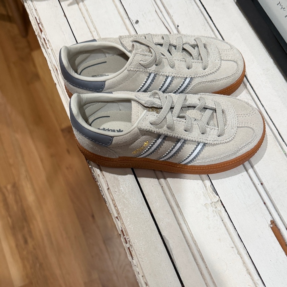 adidas Kids Light Beige and Gray Suede Sneakers with Gum Sole